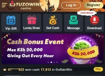 Tuzowins homepage top menu: VIP Gift, Lucky Draw, Get Cash, Message, Download and Cash Bonus Event banner